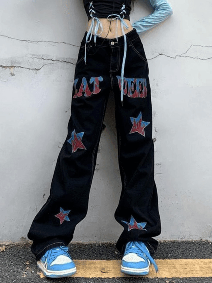 Y2K Distressed Cargo Jeans with American Star Print - Hip Hop Loose Fit for Women's Fashion Y2K Distressed Cargo Jeans with American Star Print - Hip Hop Loose Fit for Women's Fashion