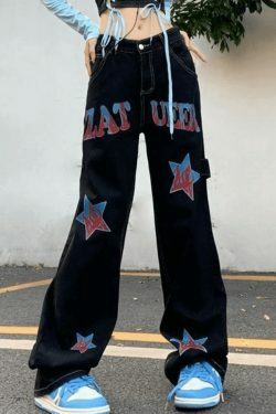 Y2K Distressed Cargo Jeans with American Star Print - Hip Hop Loose Fit for Women's Fashion