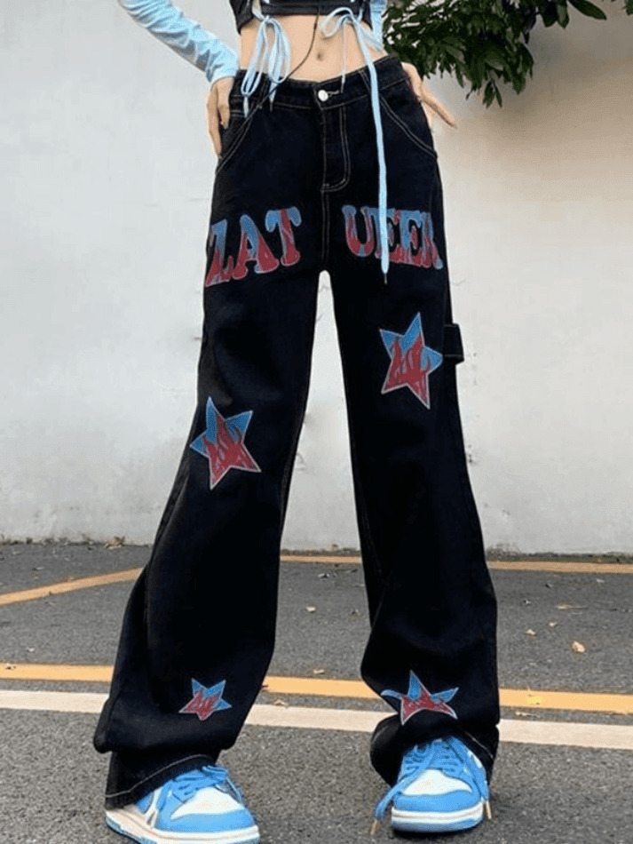 Y2K Distressed Cargo Jeans with American Star Print - Hip Hop Loose Fit for Women's Fashion Y2K Distressed Cargo Jeans with American Star Print - Hip Hop Loose Fit for Women's Fashion
