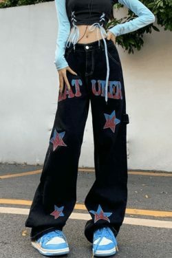 Y2K Distressed Cargo Jeans with American Star Print - Hip Hop Loose Fit for Women's Fashion
