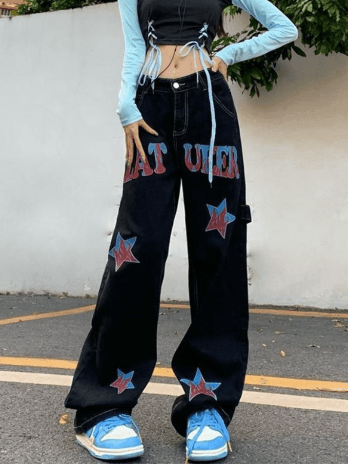 Y2K Distressed Cargo Jeans with American Star Print - Hip Hop Loose Fit for Women's Fashion Y2K Distressed Cargo Jeans with American Star Print - Hip Hop Loose Fit for Women's Fashion