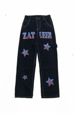 Y2K Distressed Cargo Jeans with American Star Print - Hip Hop Loose Fit for Women's Fashion
