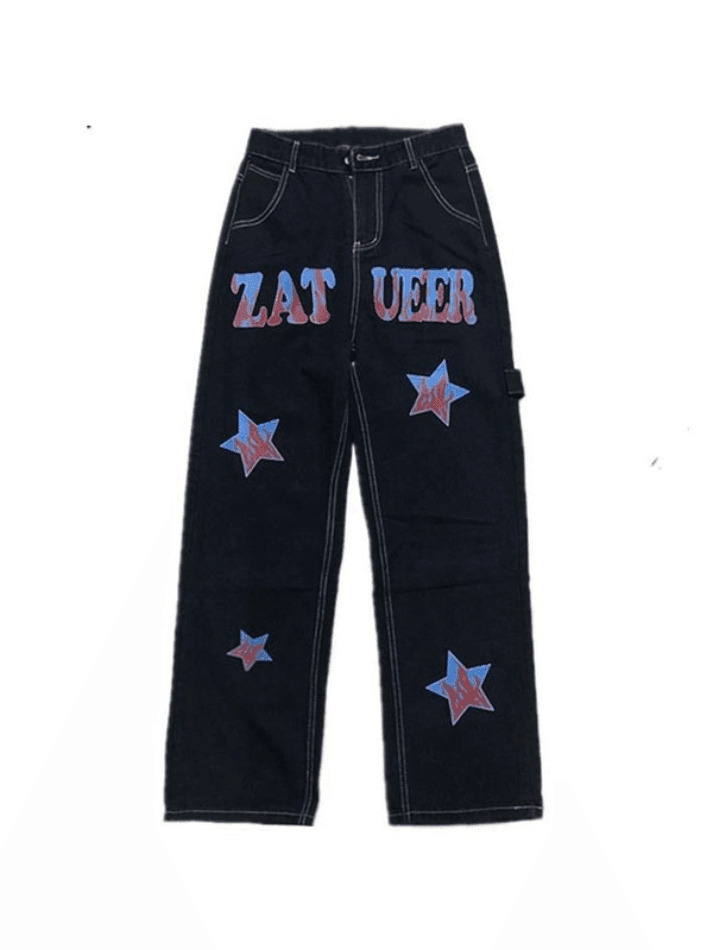 Y2K Distressed Cargo Jeans with American Star Print - Hip Hop Loose Fit for Women's Fashion Y2K Distressed Cargo Jeans with American Star Print - Hip Hop Loose Fit for Women's Fashion