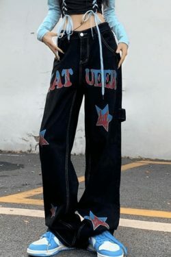 Y2K Distressed Cargo Jeans with American Star Print - Hip Hop Loose Fit for Women's Fashion