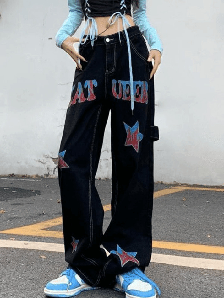 Y2K Distressed Cargo Jeans with American Star Print - Hip Hop Loose Fit for Women's Fashion Y2K Distressed Cargo Jeans with American Star Print - Hip Hop Loose Fit for Women's Fashion