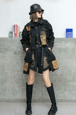 Y2K Distressed Denim Jacket: Coquette Grunge Aesthetic, Cute Tops, Cargo
