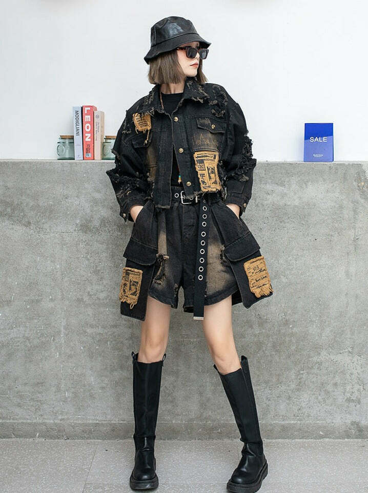 Y2K Distressed Denim Jacket: Coquette Grunge Aesthetic, Cute Tops, Cargo