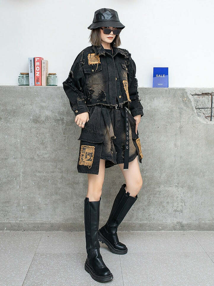 Y2K Distressed Denim Jacket: Coquette Grunge Aesthetic, Cute Tops, Cargo