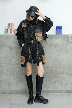 Y2K Distressed Denim Jacket: Coquette Grunge Aesthetic, Cute Tops, Cargo