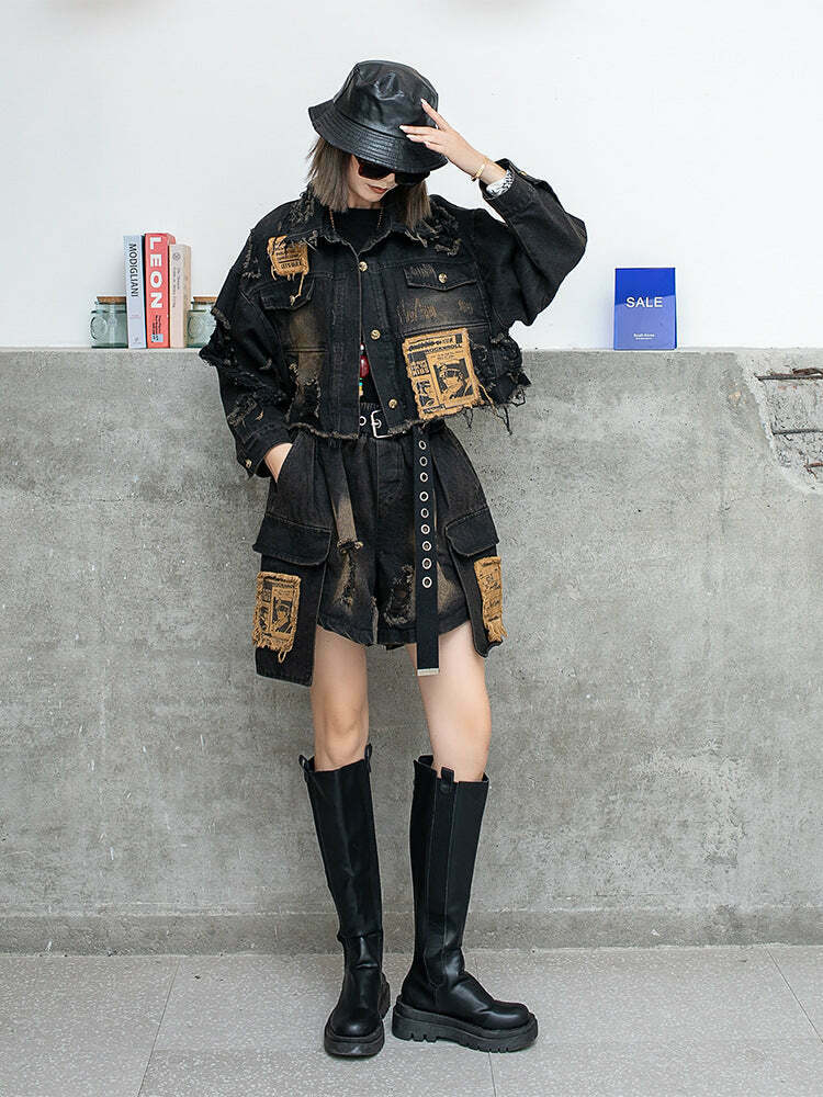 Y2K Distressed Denim Jacket: Coquette Grunge Aesthetic, Cute Tops, Cargo