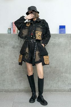 Y2K Distressed Denim Jacket: Coquette Grunge Aesthetic, Cute Tops, Cargo