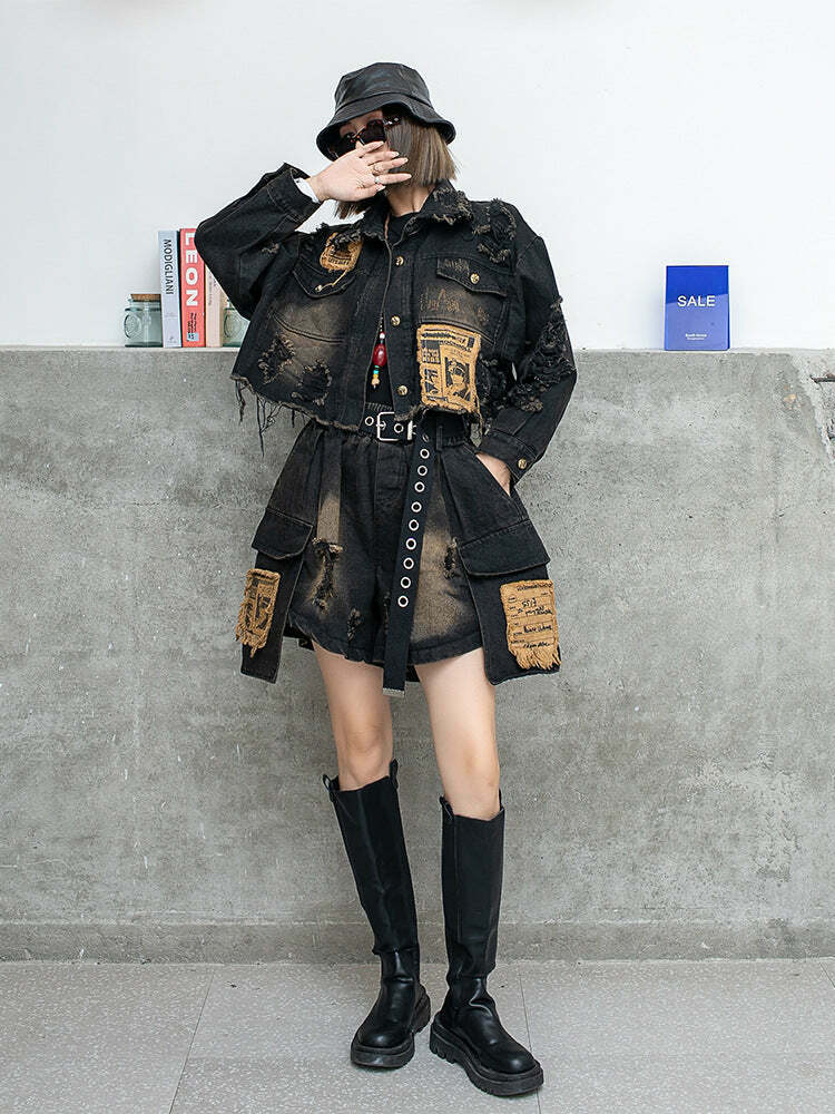 Y2K Distressed Denim Jacket: Coquette Grunge Aesthetic, Cute Tops, Cargo