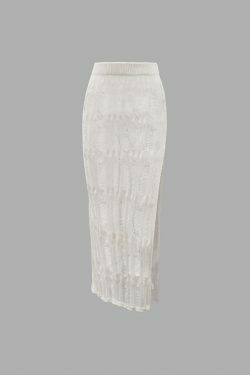 Y2K Distressed Knit Halter Cami Top & Slit Skirt Set - Coquette Aesthetic Fashion