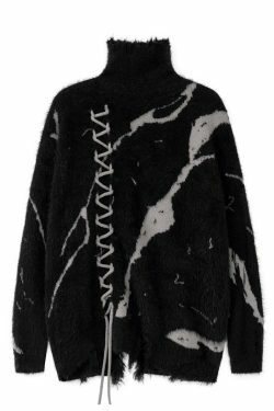 Y2K Distressed Lace-Up Mohair Sweater: Coquette Aesthetic with Grunge Style & Pastel Goth Vibe