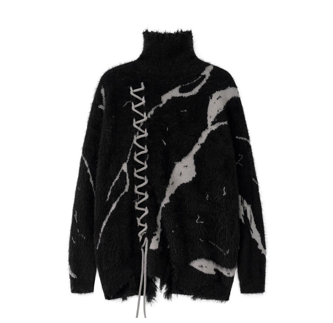 Y2K Distressed Lace-Up Mohair Sweater: Coquette Aesthetic with Grunge Style & Pastel Goth Vibe Y2K Distressed Lace-Up Mohair Sweater: Coquette Aesthetic with Grunge Style & Pastel Goth Vibe