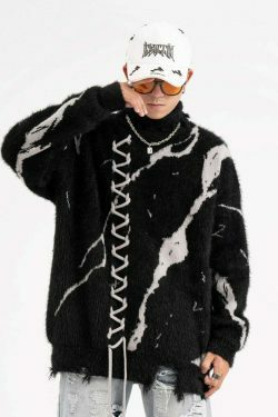 Y2K Distressed Lace-Up Mohair Sweater: Coquette Aesthetic with Grunge Style & Pastel Goth Vibe