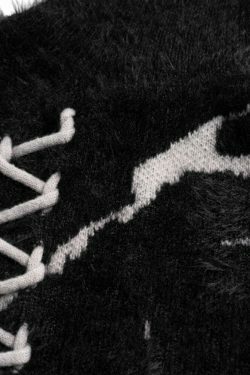 Y2K Distressed Lace-Up Mohair Sweater: Coquette Aesthetic with Grunge Style & Pastel Goth Vibe