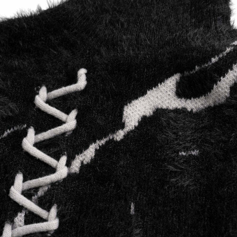 Y2K Distressed Lace-Up Mohair Sweater: Coquette Aesthetic with Grunge Style & Pastel Goth Vibe Y2K Distressed Lace-Up Mohair Sweater: Coquette Aesthetic with Grunge Style & Pastel Goth Vibe