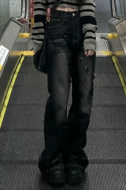 Y2K Fashion: Black Washed Flare Loose Boyfriend Jeans for Women