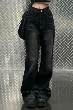 Y2K Fashion: Black Washed Flare Loose Boyfriend Jeans for Women