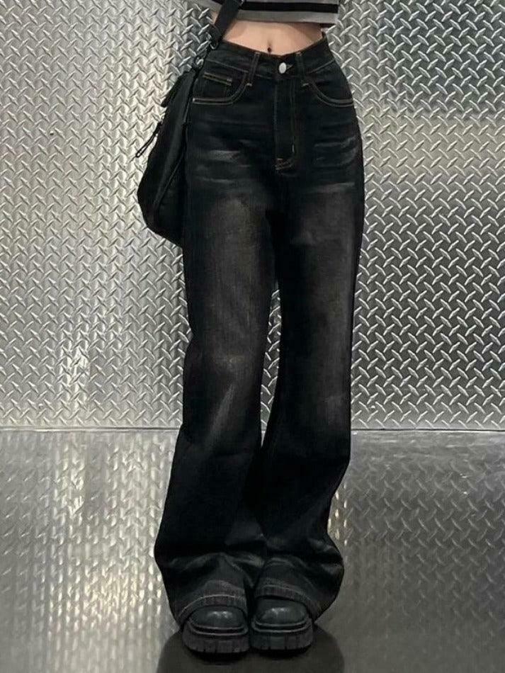 Y2K Fashion: Black Washed Flare Loose Boyfriend Jeans for Women Y2K Fashion: Black Washed Flare Loose Boyfriend Jeans for Women