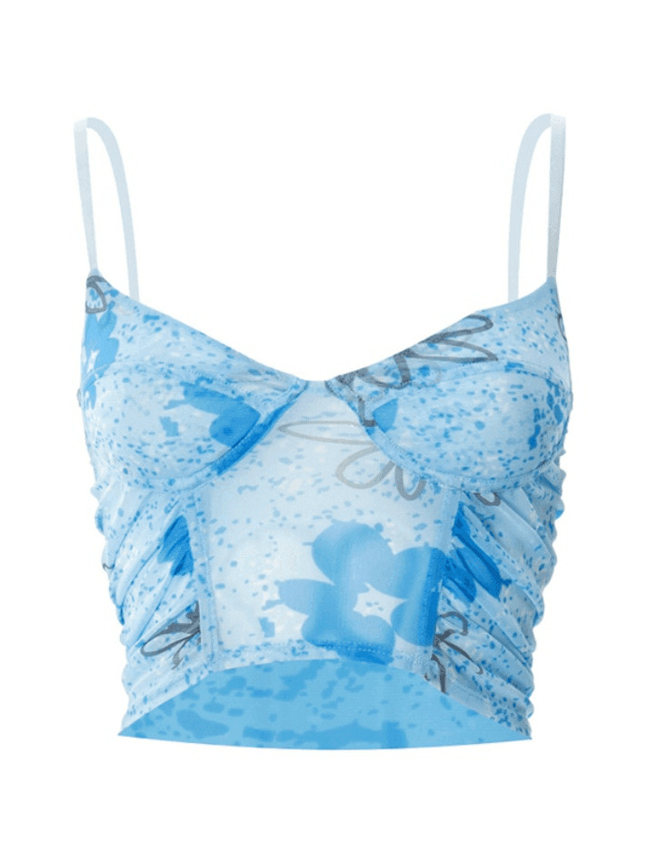 Y2K Fashion Blue Print Cropped Corset Top: Coquette Aesthetic, Grunge Style, Pastel Goth