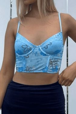 Y2K Fashion Blue Print Cropped Corset Top: Coquette Aesthetic, Grunge Style, Pastel Goth