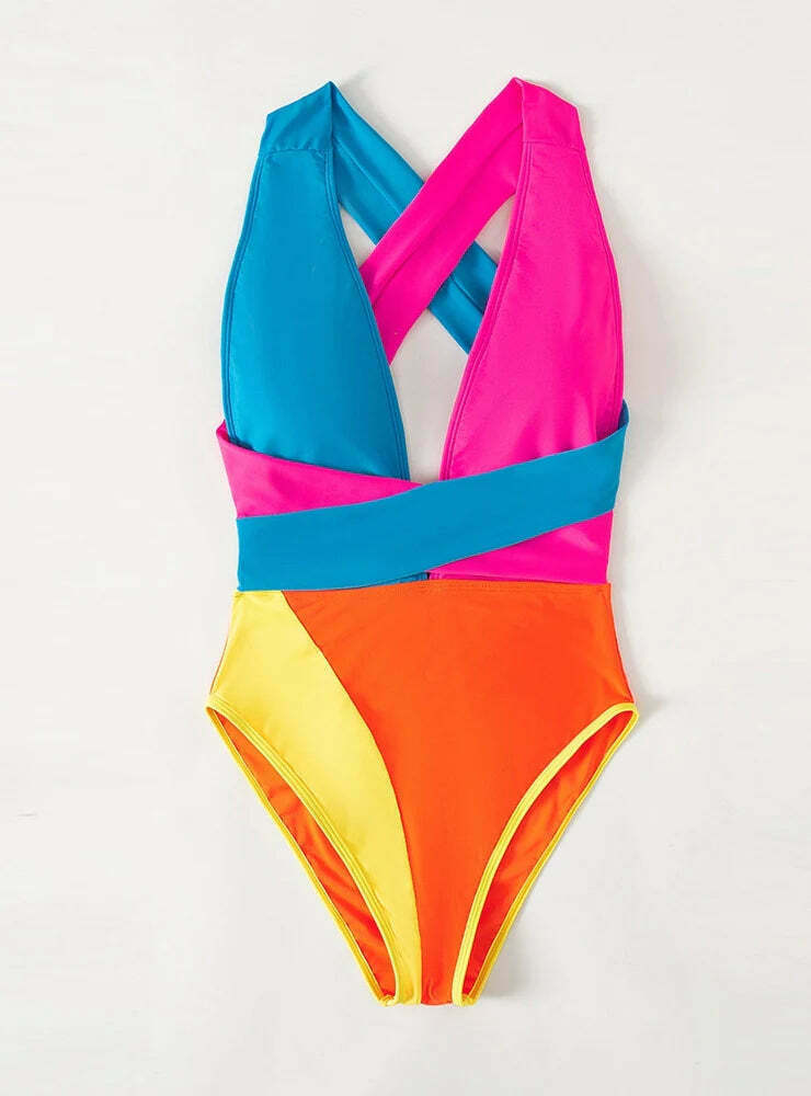 Y2K Fashion Color-Matching Lace-Up Backless One-Piece Swimsuit - Niche Women's Coquette Aesthetic Y2K Fashion Color-Matching Lace-Up Backless One-Piece Swimsuit - Niche Women's Coquette Aesthetic