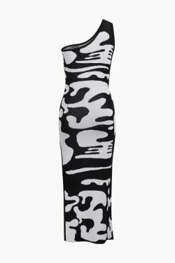 Y2K Fashion Colorblock One Shoulder Slit Knit Dress - Coquette Aesthetic Grunge Style