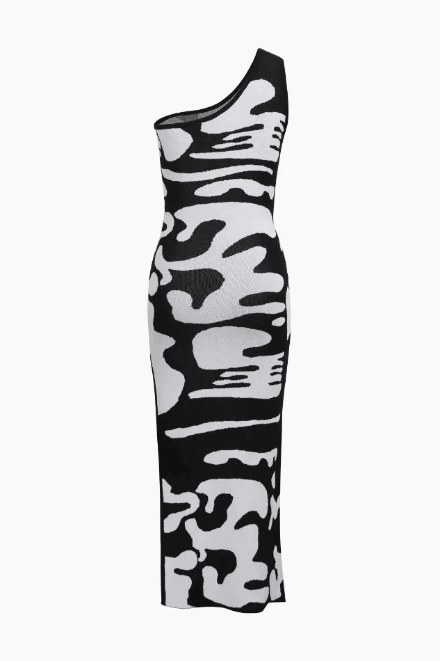 Y2K Fashion Colorblock One Shoulder Slit Knit Dress - Coquette Aesthetic Grunge Style Y2K Fashion Colorblock One Shoulder Slit Knit Dress - Coquette Aesthetic Grunge Style