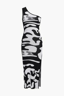 Y2K Fashion Colorblock One Shoulder Slit Knit Dress - Coquette Aesthetic Grunge Style