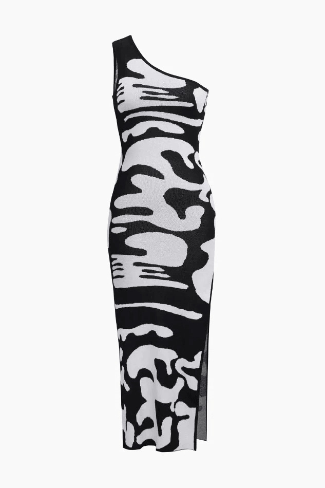 Y2K Fashion Colorblock One Shoulder Slit Knit Dress - Coquette Aesthetic Grunge Style Y2K Fashion Colorblock One Shoulder Slit Knit Dress - Coquette Aesthetic Grunge Style