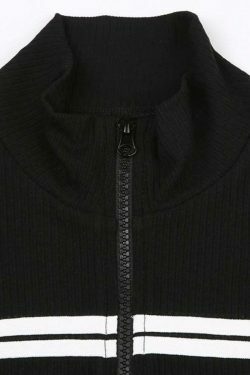 Y2K Fashion Contrast Color Splice Zipper Collar Neck Long Sleeve Knit Sweater