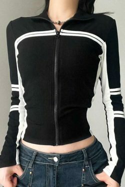 Y2K Fashion Contrast Color Splice Zipper Collar Neck Long Sleeve Knit Sweater