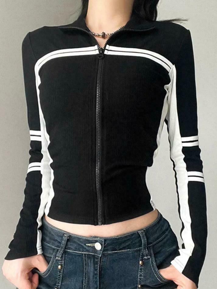 Y2K Fashion Contrast Color Splice Zipper Collar Neck Long Sleeve Knit Sweater Y2K Fashion Contrast Color Splice Zipper Collar Neck Long Sleeve Knit Sweater