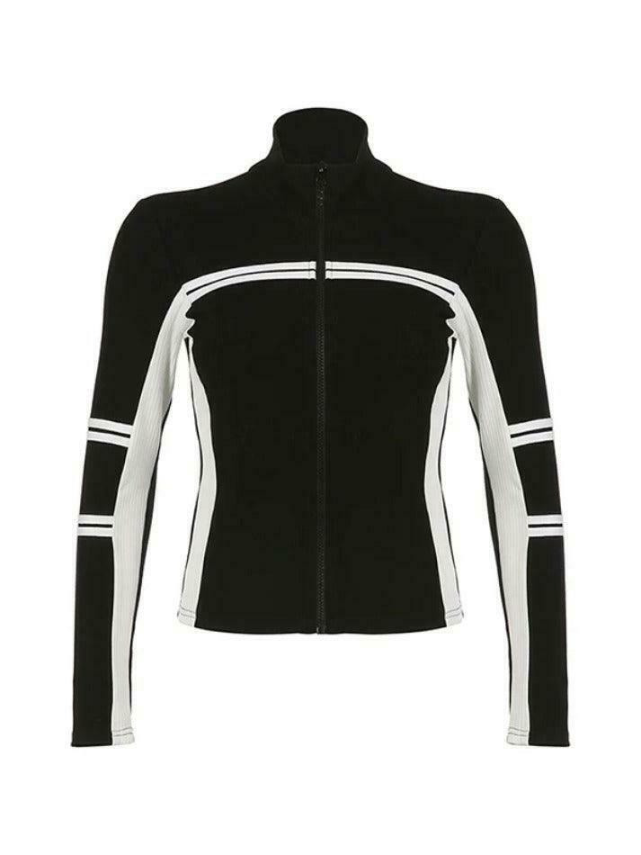 Y2K Fashion Contrast Color Splice Zipper Collar Neck Long Sleeve Knit Sweater Y2K Fashion Contrast Color Splice Zipper Collar Neck Long Sleeve Knit Sweater