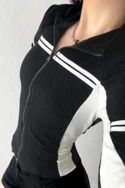 Y2K Fashion Contrast Color Splice Zipper Collar Neck Long Sleeve Knit Sweater