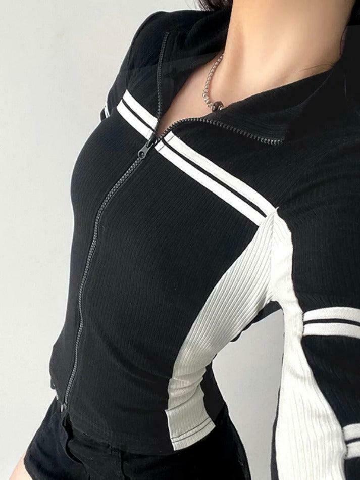Y2K Fashion Contrast Color Splice Zipper Collar Neck Long Sleeve Knit Sweater Y2K Fashion Contrast Color Splice Zipper Collar Neck Long Sleeve Knit Sweater