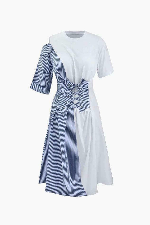 Y2K Fashion Contrast Panel Pinstripe Midi Dress - Coquette Aesthetic Grunge Style Vintage Outfit Y2K Fashion Contrast Panel Pinstripe Midi Dress - Coquette Aesthetic Grunge Style Vintage Outfit