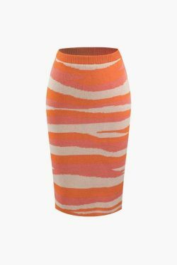 Y2K Fashion: Contrast Stripe Knit Tube Top & Midi Skirt Set - Coquette A