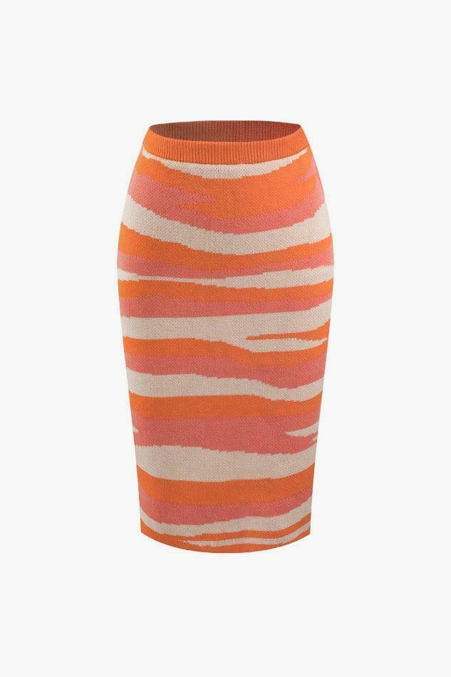 Y2K Fashion: Contrast Stripe Knit Tube Top & Midi Skirt Set - Coquette A