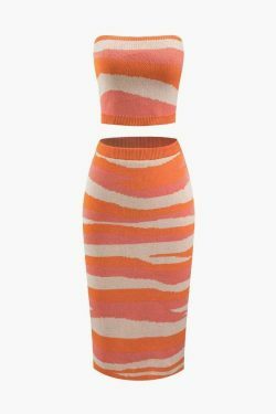 Y2K Fashion: Contrast Stripe Knit Tube Top & Midi Skirt Set - Coquette A