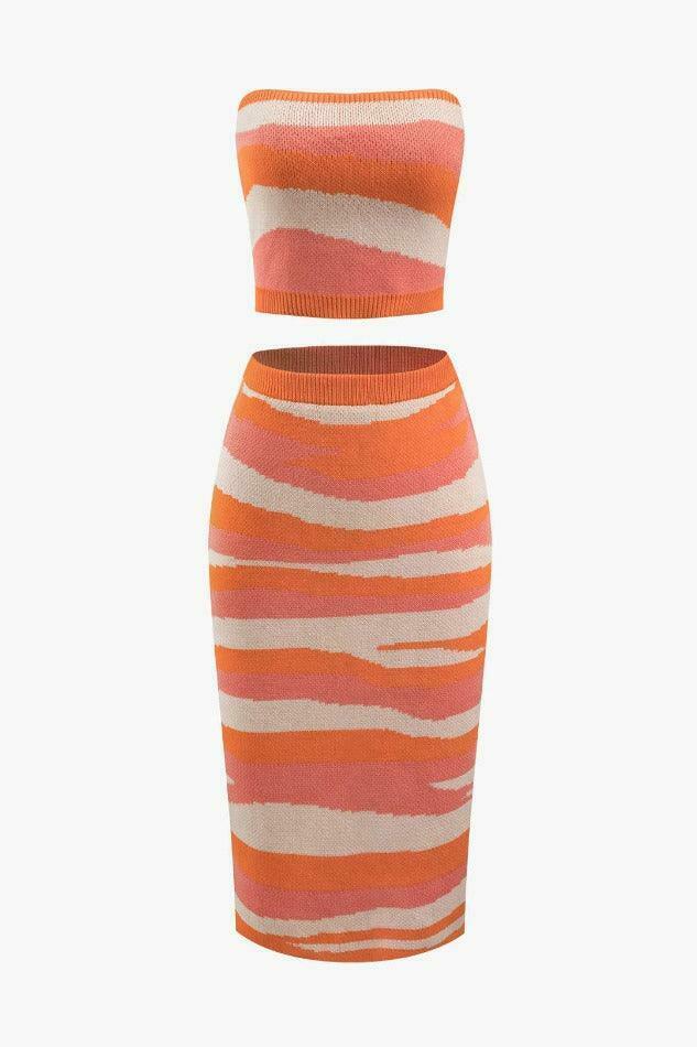 Y2K Fashion: Contrast Stripe Knit Tube Top & Midi Skirt Set - Coquette A