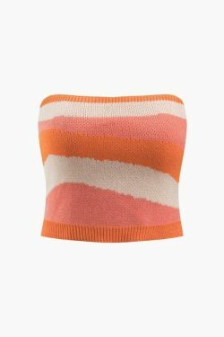 Y2K Fashion: Contrast Stripe Knit Tube Top & Midi Skirt Set - Coquette A