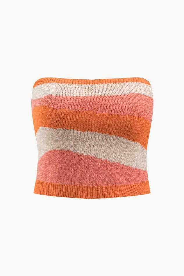 Y2K Fashion: Contrast Stripe Knit Tube Top & Midi Skirt Set - Coquette A