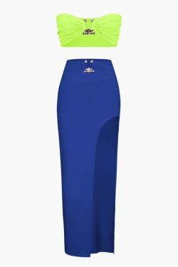 Y2K Fashion Contrast Tube Top & Slit Skirt Set - Coquette Aesthetic Grunge Style