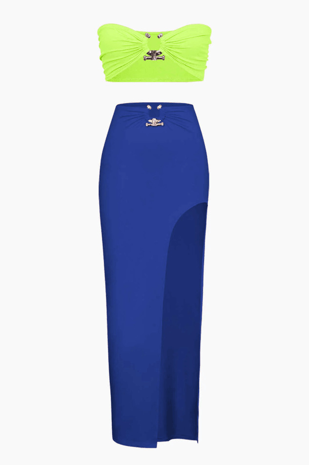 Y2K Fashion Contrast Tube Top & Slit Skirt Set - Coquette Aesthetic Grunge Style Y2K Fashion Contrast Tube Top & Slit Skirt Set - Coquette Aesthetic Grunge Style