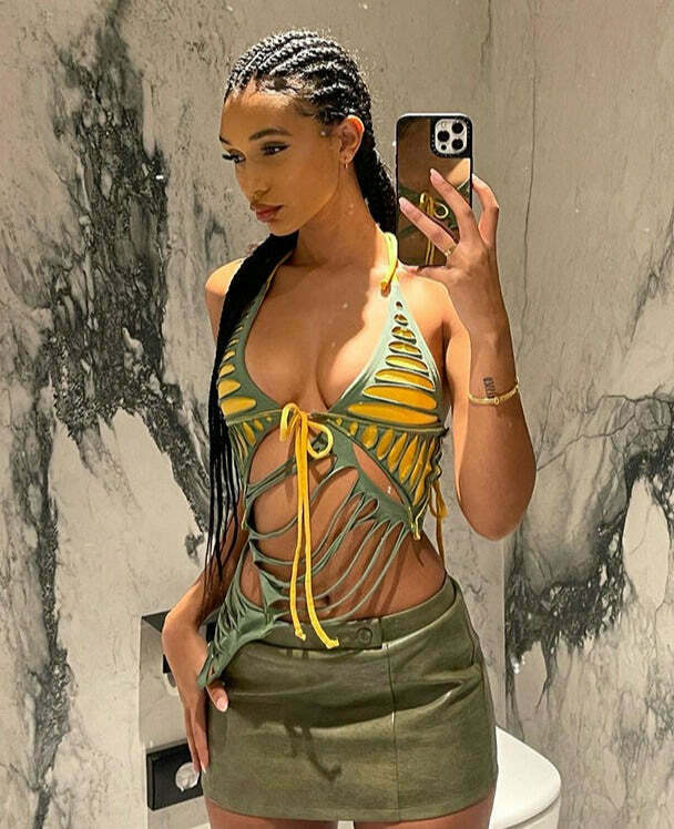 Y2K Fashion Coquette Aesthetic Backless Halterneck Burnt Slim Fit Top Y2K Fashion Coquette Aesthetic Backless Halterneck Burnt Slim Fit Top