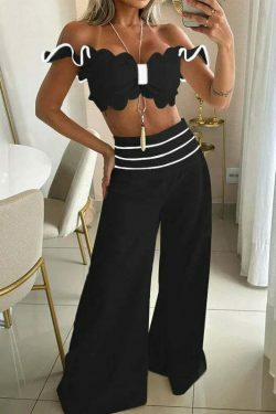Y2K Fashion Coquette Aesthetic Bow Short Top Wide Leg Pant Suit