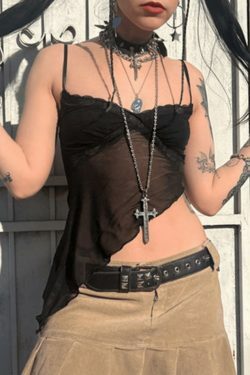 Y2K Fashion: Coquette Aesthetic Cami Top with Asymmetric Hem - Grunge Style, Pastel Goth, Cute Tops